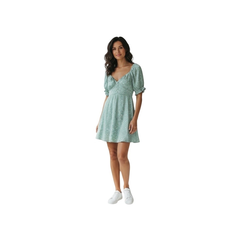 Wild Fable Women Mini Dress XS Sage Green Floral Jacquard Puff Sleeve Smocked